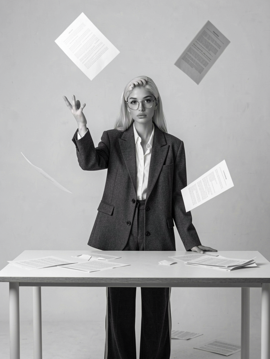 Karina juggles paper